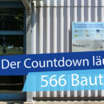 Eingang vom neuen Sportzentrum Zürich mit der Überschrift "Der Countdown läuft: 566 Bautage.