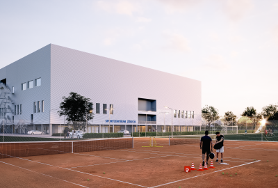 Visualisierung Sportzentrum Zürich, Gebäude von aussen mit Tennisplätzen, Giulio Wagner, Space Communication GmbH